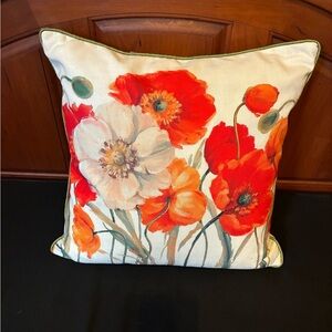 Floral Throw Pillow with Red and Orange Poppies